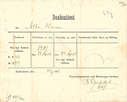 Albas originale dåbsattest. (privat dokument)