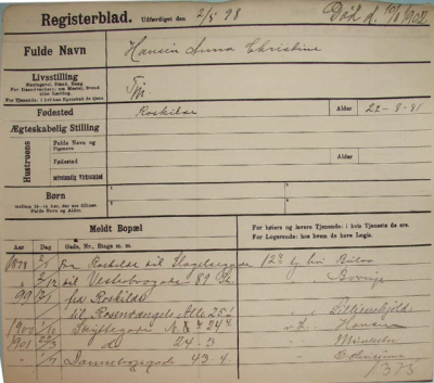 Annas registerblad fra København - et såkaldt dødeblad i dette tilfælde.